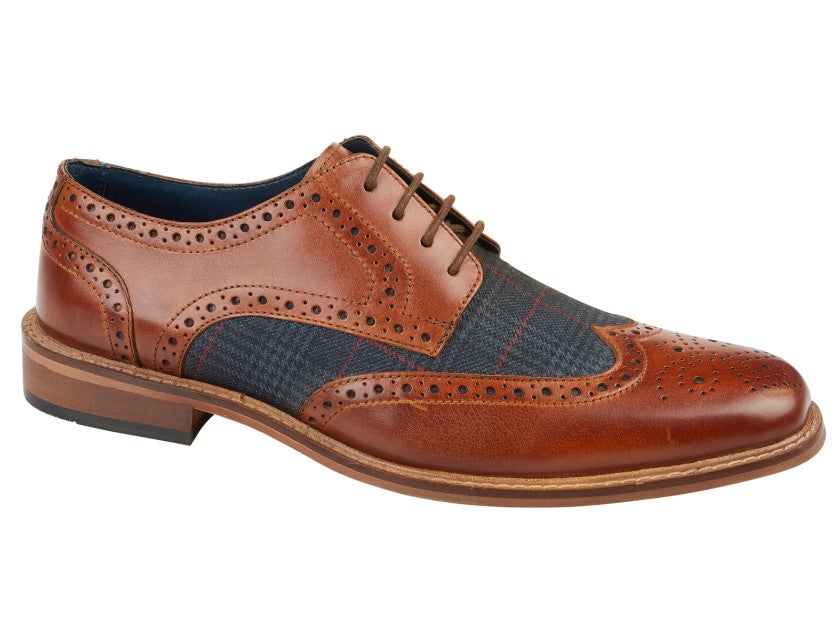 Mens Roamers Tan Leather/Checked Textile Brogue Shoe