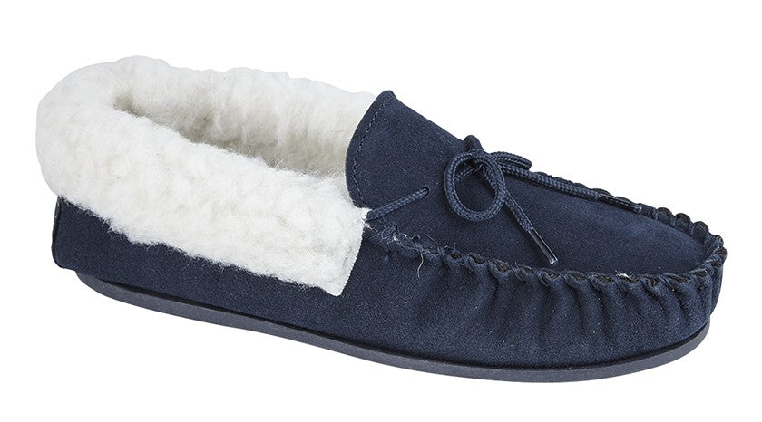 Ladies Navy Real Suede Moccasin Slipper "Emily"
