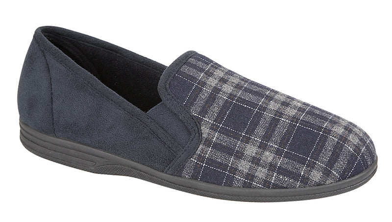 Mens Navy Blue Check Felt Slipper "Harley"