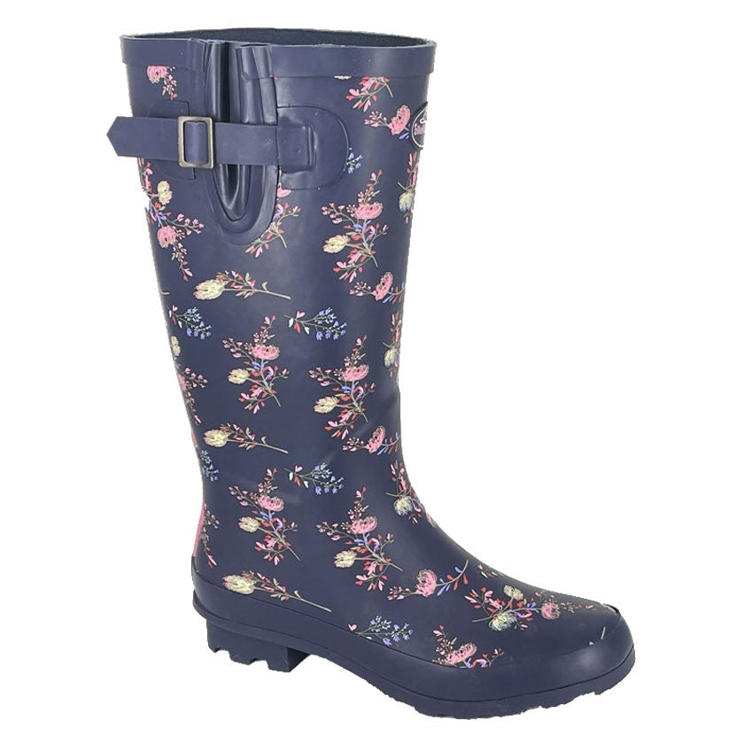 Ladies Stormwells Navy/Floral Print Wide Fitting Leg Rubber Wellington